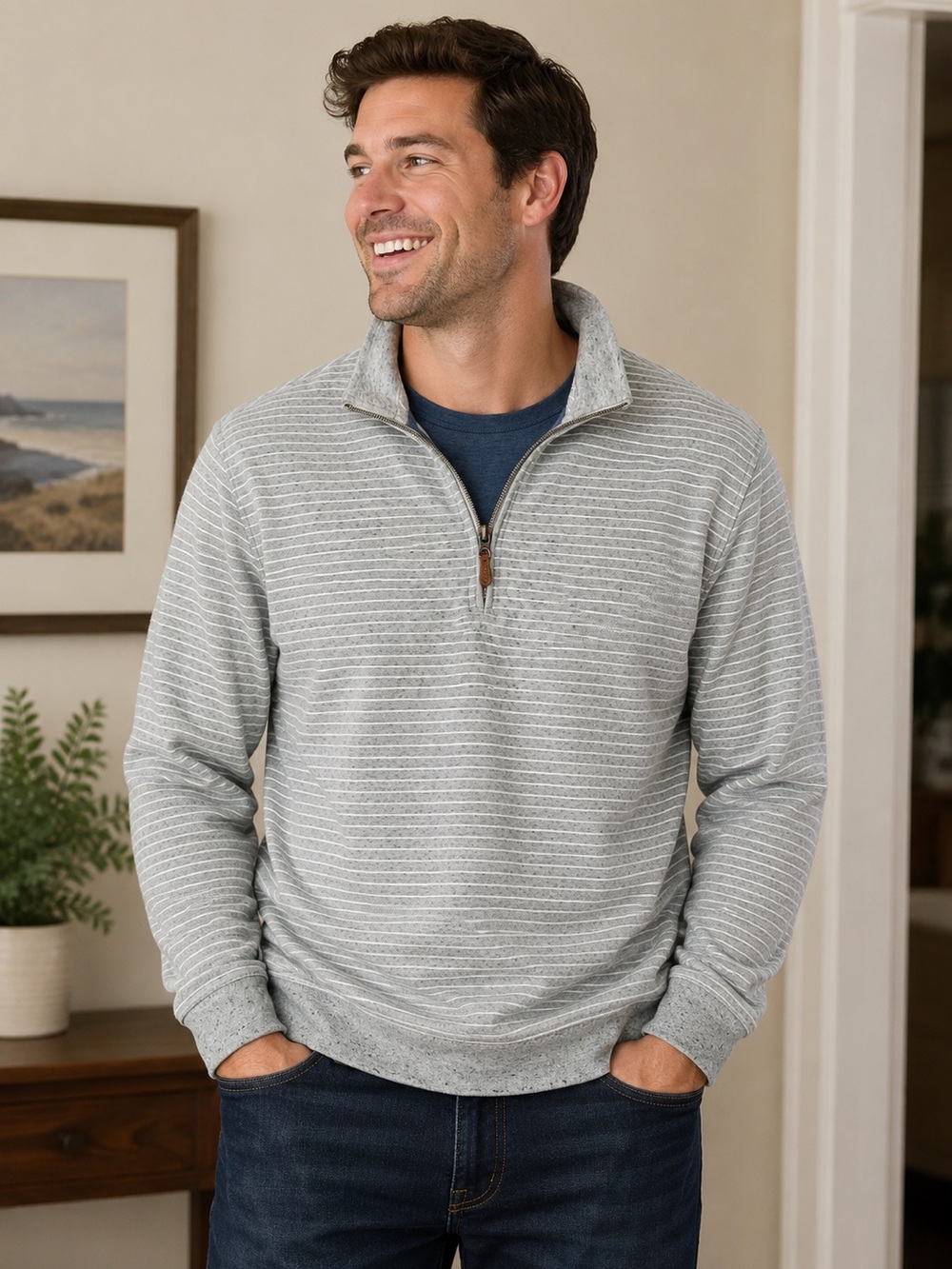 johnnie-O Heather Gray Striped Quarter-Zip Pullover